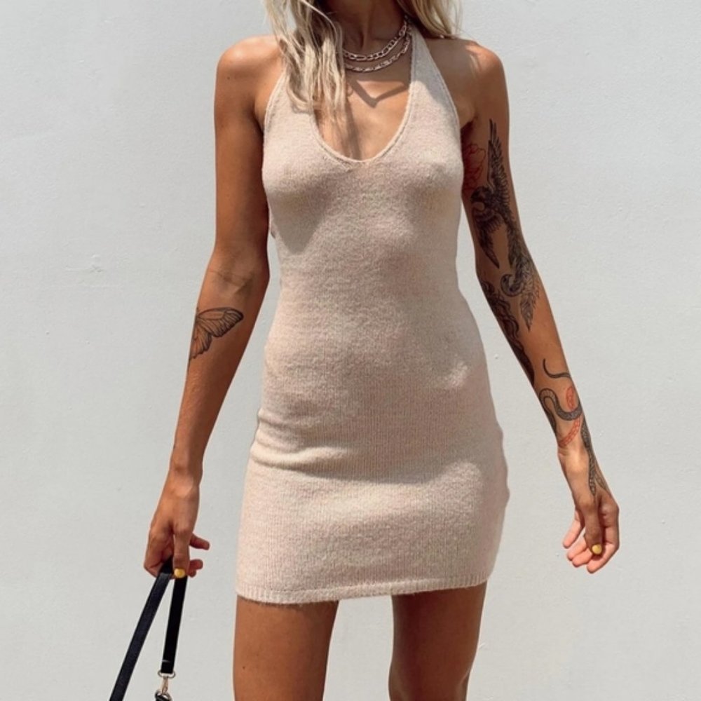 Princess Polly Beige Blair Tie Halter Fitted Knit Mini Dress XS/S